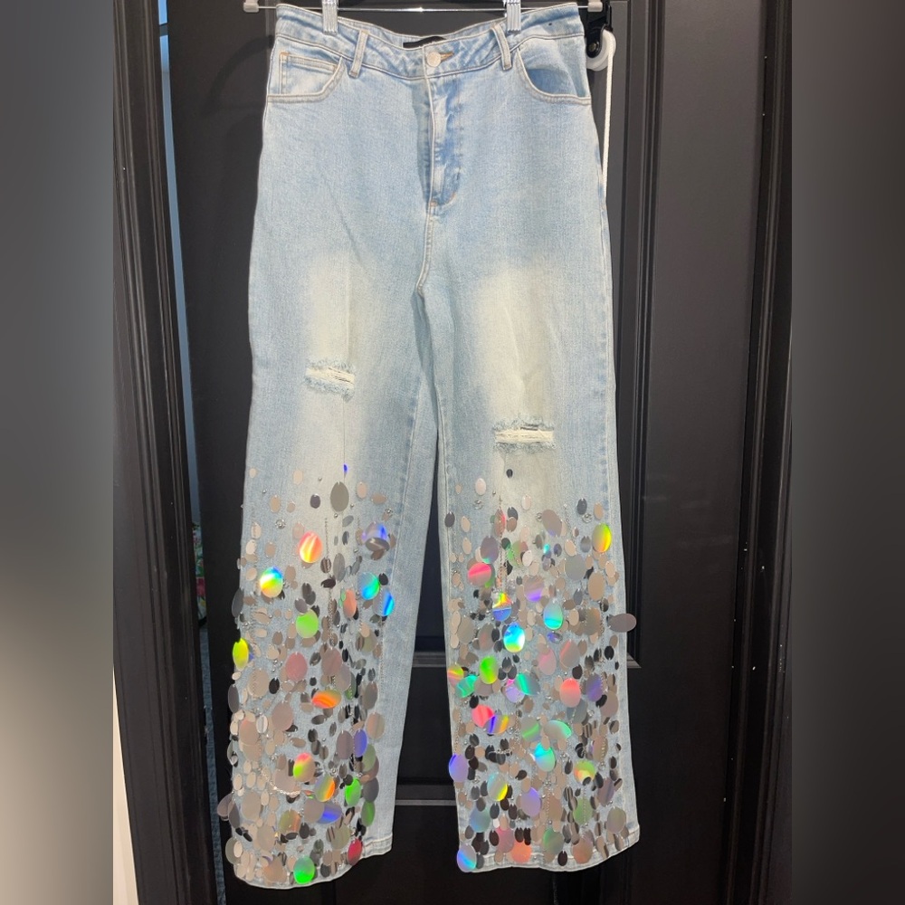 AKIRA Light Blue Flare Jeans with Holographic Sequins